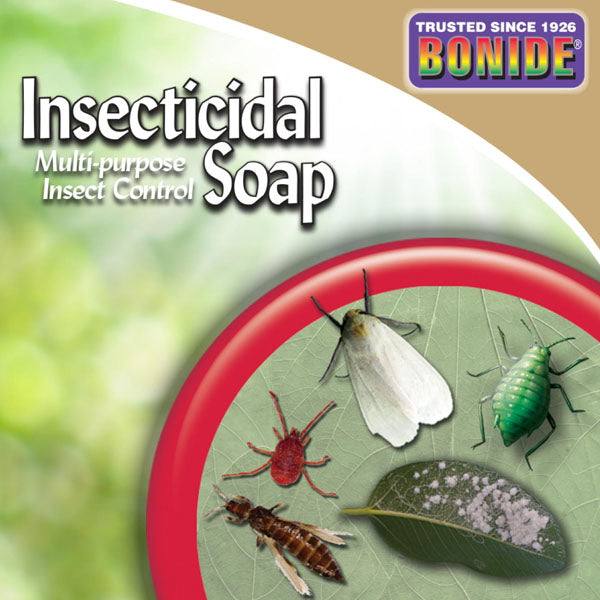 The Bonide Insecticidal Soap Ready-to-Use qt. label displays insects on a leaf, promotes multi-purpose insect control, and notes it is ready to use—ideal for organic gardening. Brand: All Delivery Options.