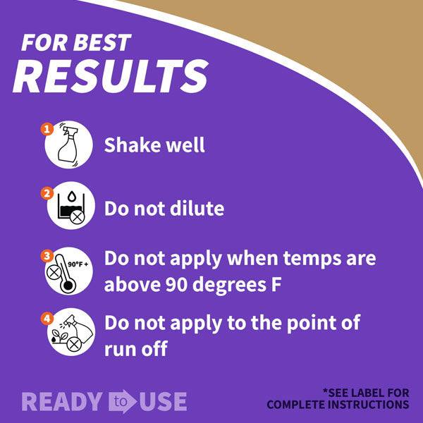 Instructional graphic for Bonide Tomato & Vegetable 3-in-1 Ready-to-Use: 1) Shake well. 2) Do not dilute. 3) Do not apply above 90°F. 4) Avoid run off. Ready to use for insect and fungal disease control. Brand: All Delivery Options.